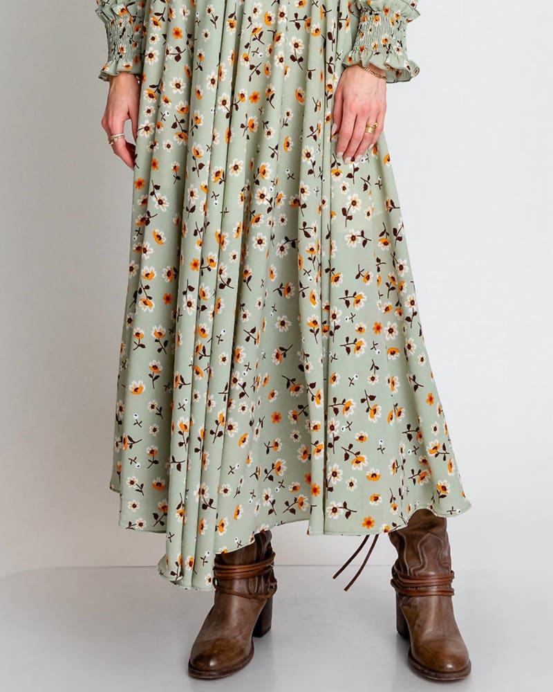 Front of a model wearing a size Large Perry Street Skirt in Chamomile Print in Chamomile Print by Monte. | dia_product_style_image_id:343192
